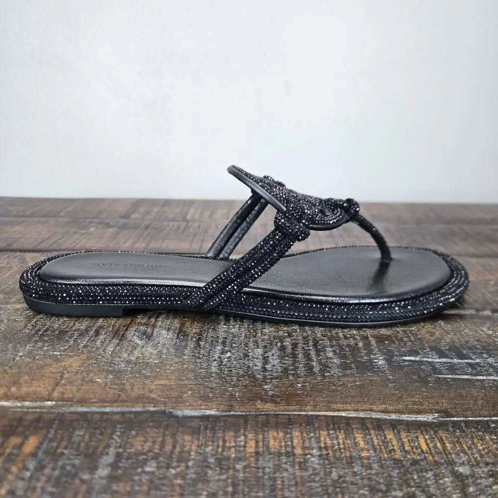 NEW Tory Burch Miller Knotted Pave Womens Size 7 Sandal Flip Flops Black Crystal